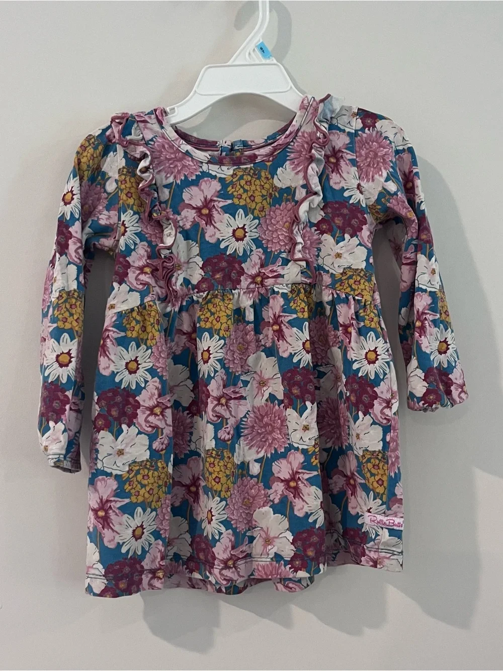 Ruffle Butts Toddler Girls Blue Floral Ruffle-Front Long Sleeve Dress 3T